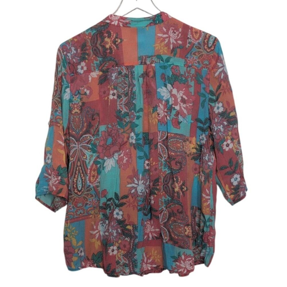 Ruby Rd Floral Pintuck Shirt Womens Size Large Pink Patchwork 3/4 Tab Sleeves - Picture 7 of 7